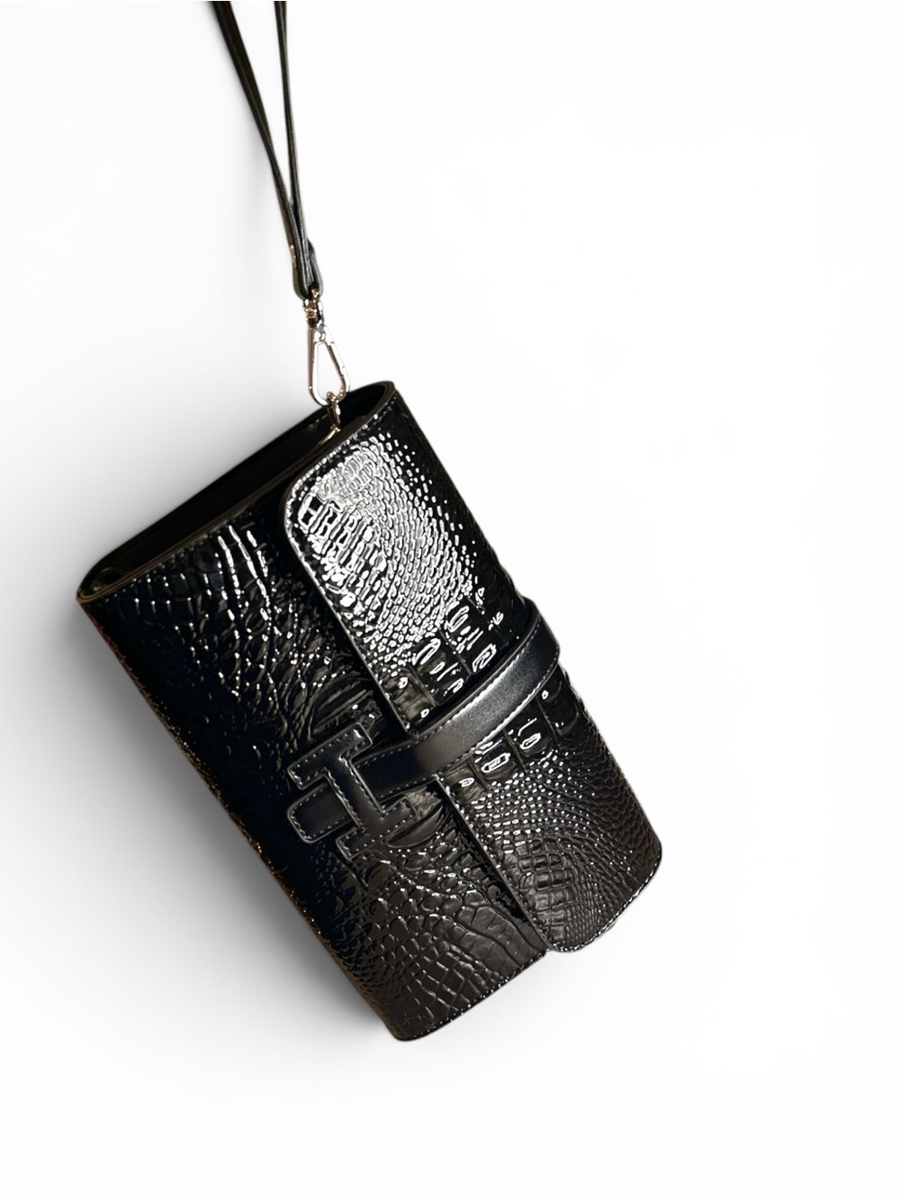 Black Croc-Embossed FASHION Wristlet Clutch or Crossbody New - Picture 6 of 8